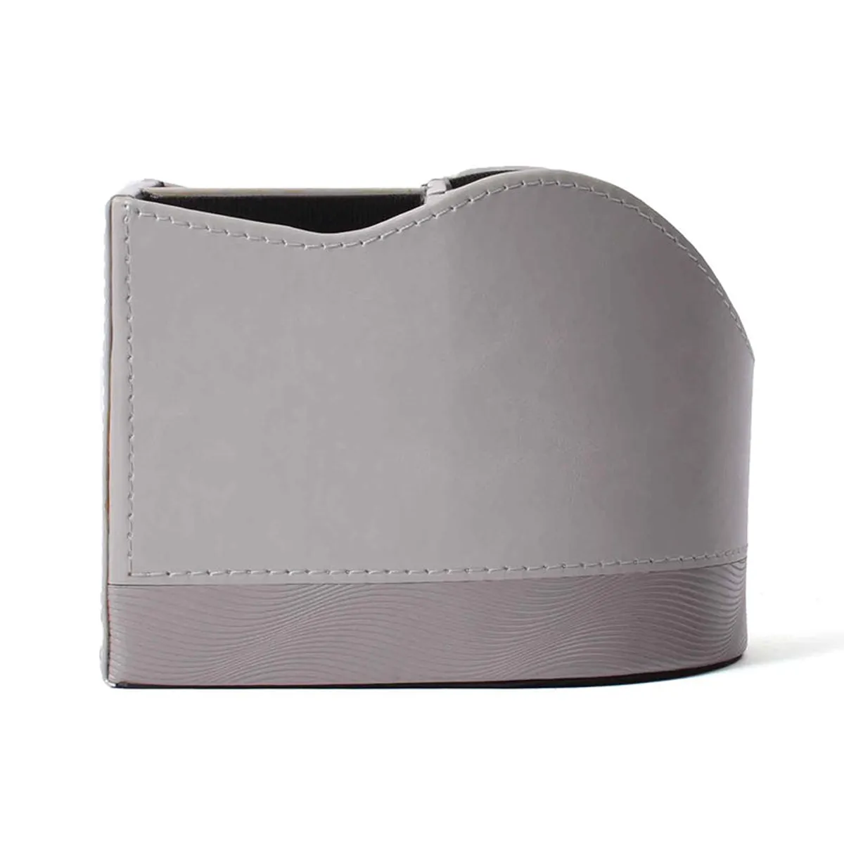 Side view showing the curved profile of the grey desk organiser