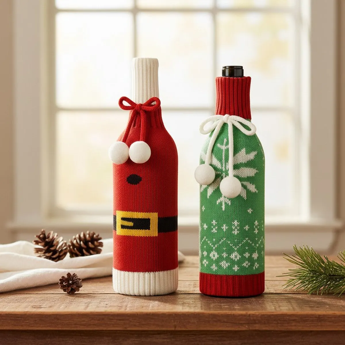 Close view of red Santa-style and green patterned bottle Christmas ornaments.