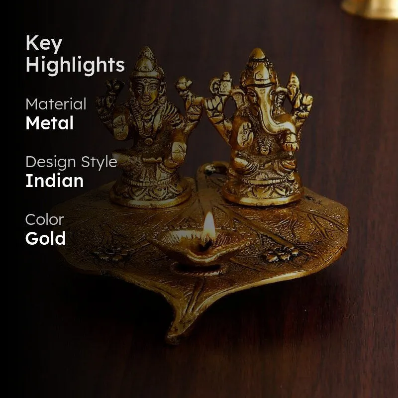 Sacred Lakshmi Ganesha Idol Metal Diya Stand - Gold media 2