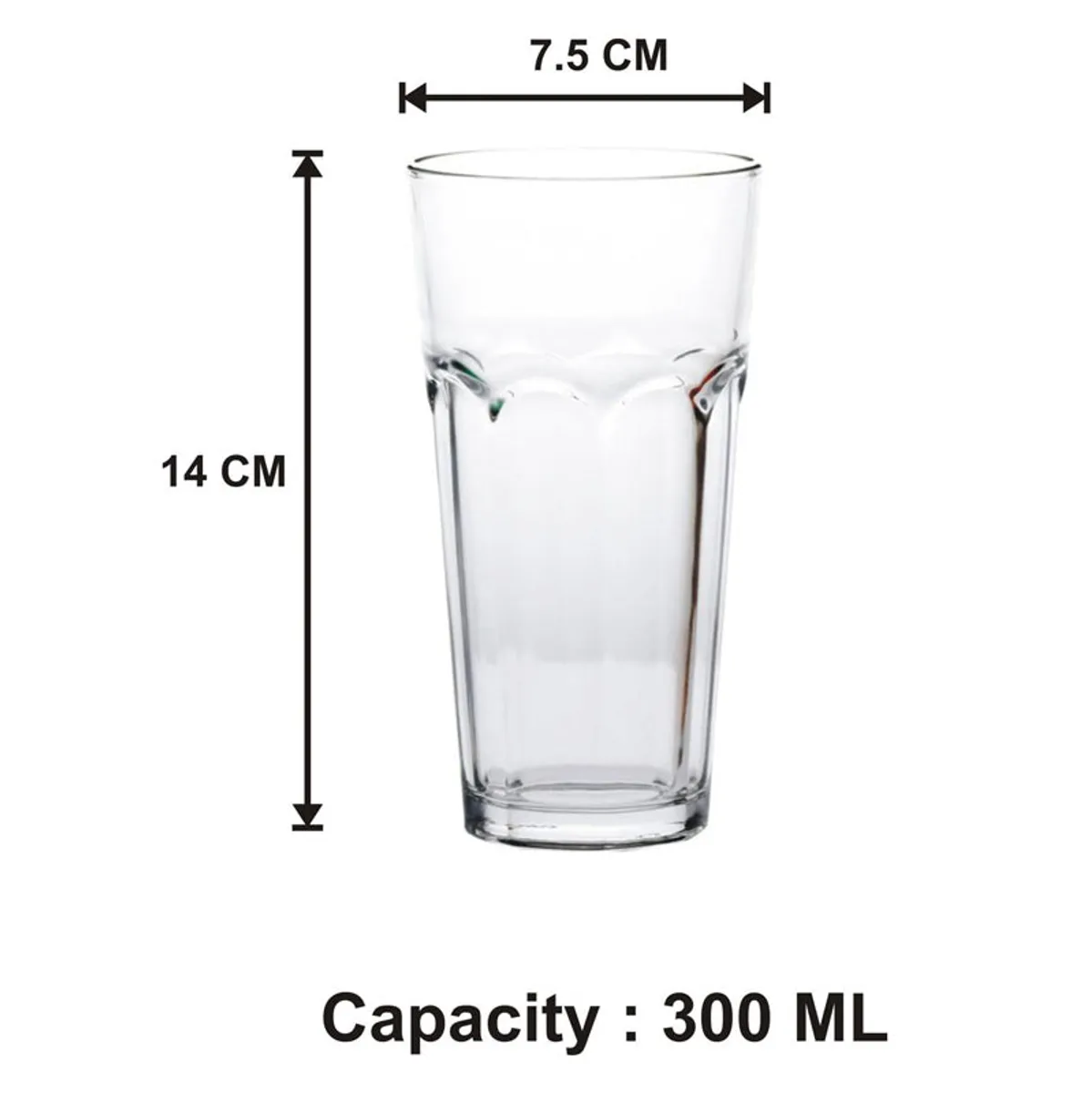 Clear highball glass shown with 14 cm height and 7.5 cm width