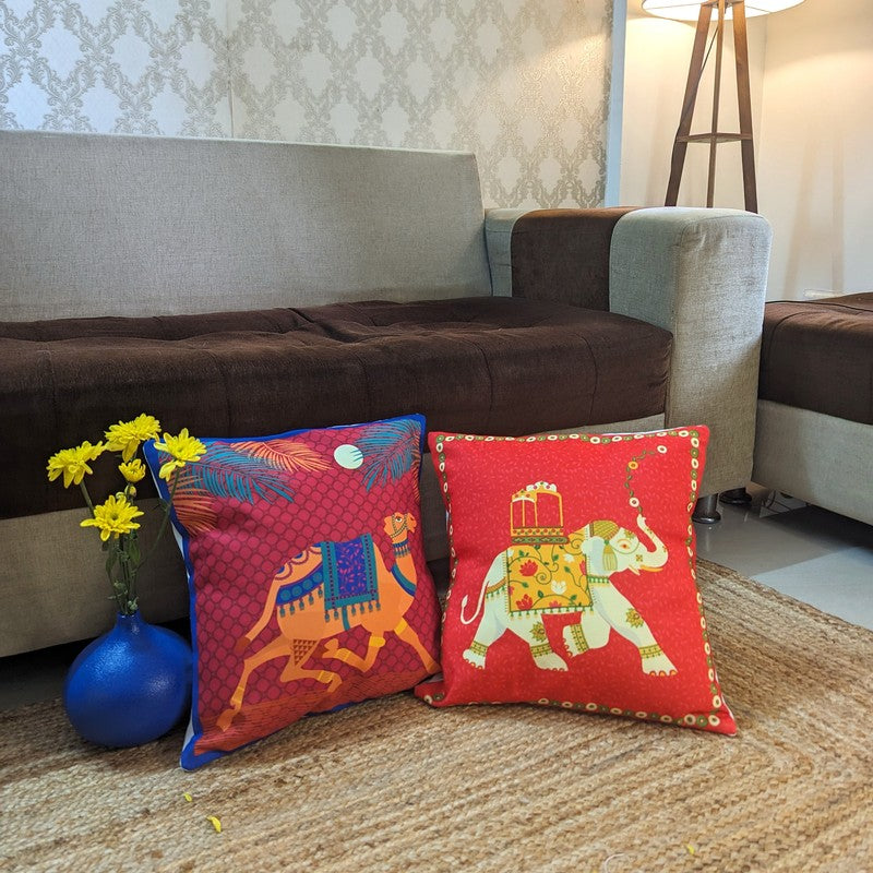 Royal Elephant & Camel Print Cushion Cover - Set Of Two