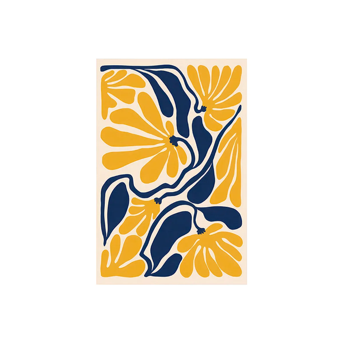 Front view of abstract floral wall painting in yellow and blue