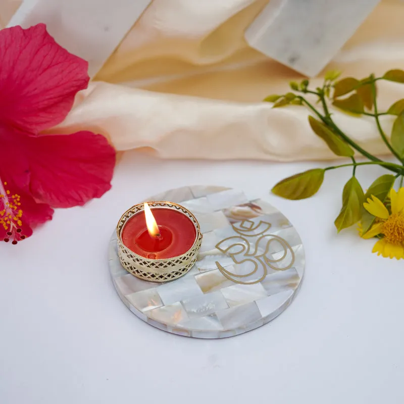 Om Mother Of Pearl Tealight Candle Holder With Marble Base media 3