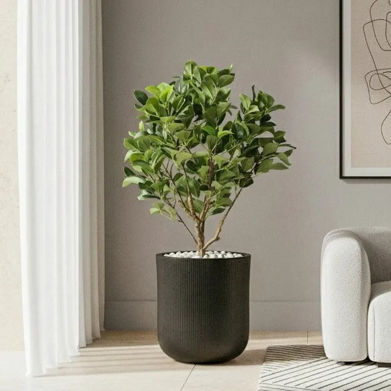 Black ribbed planter with a leafy plant beside a sofa in a modern living room.