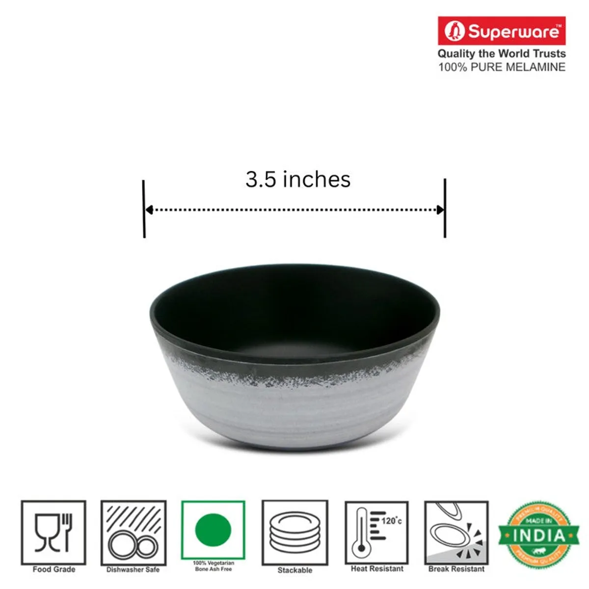 Black and grey snack bowl with visible size measurement graphic