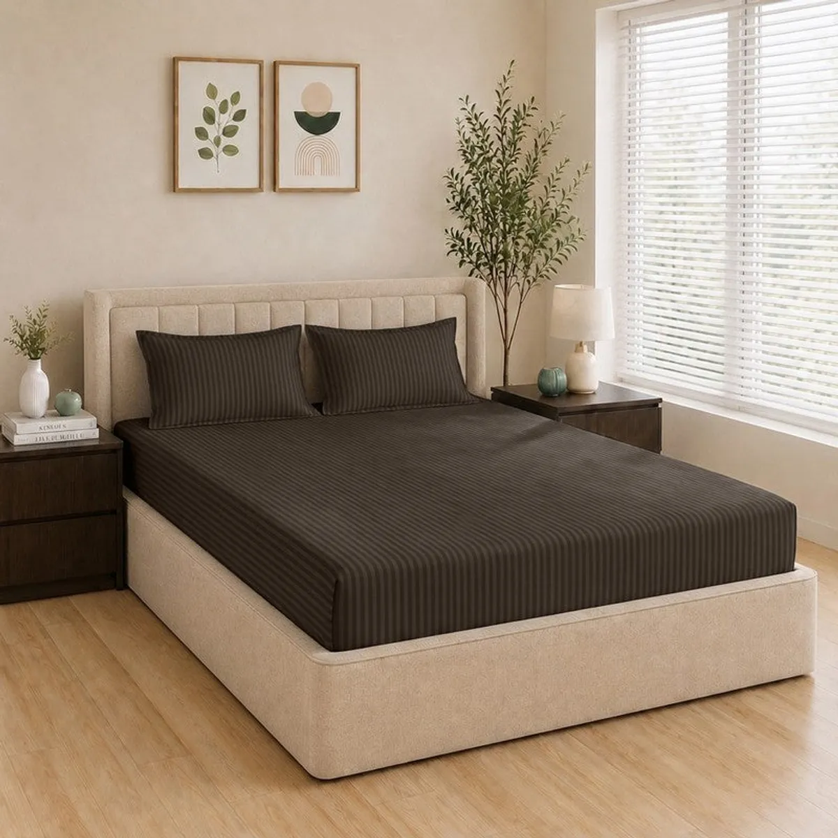 Brown striped fitted bedsheet and pillow covers styled on a double bed
