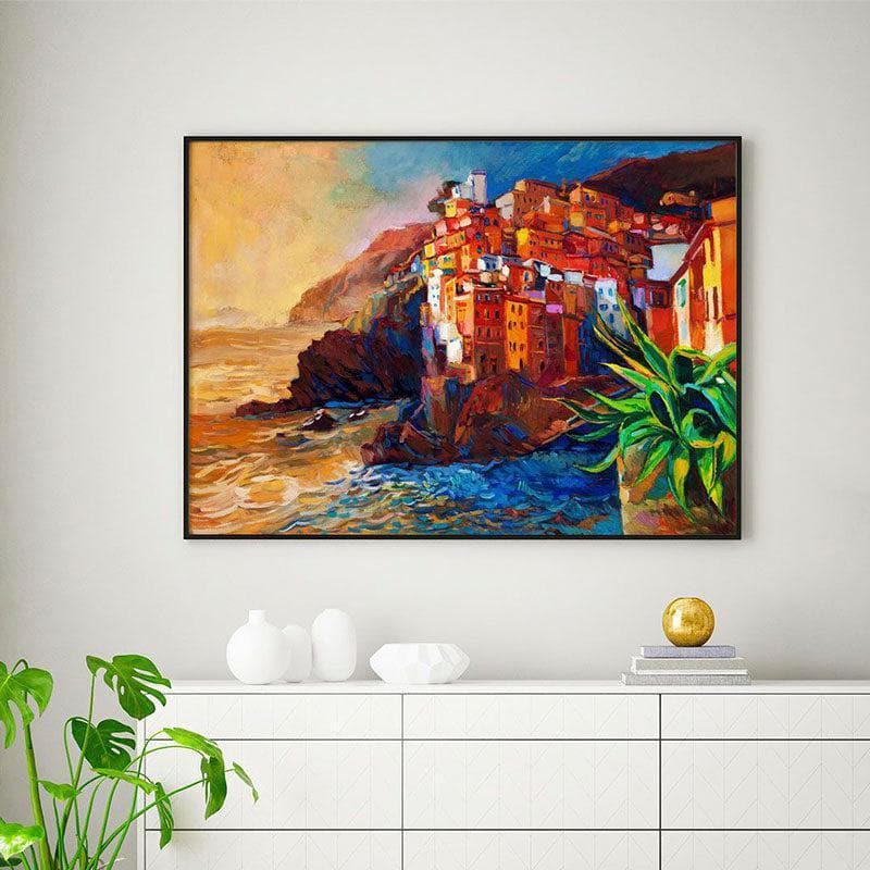 Cinque Terre Coast Canvas Wall Painting - Black Frame