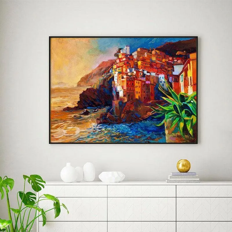 Cinque Terre Coast Canvas Wall Painting - Black Frame media 1