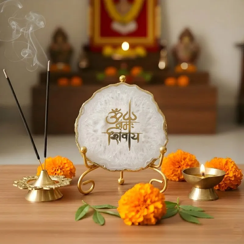 Om Namah Shivay Agate Showpiece With Stand - White media 1