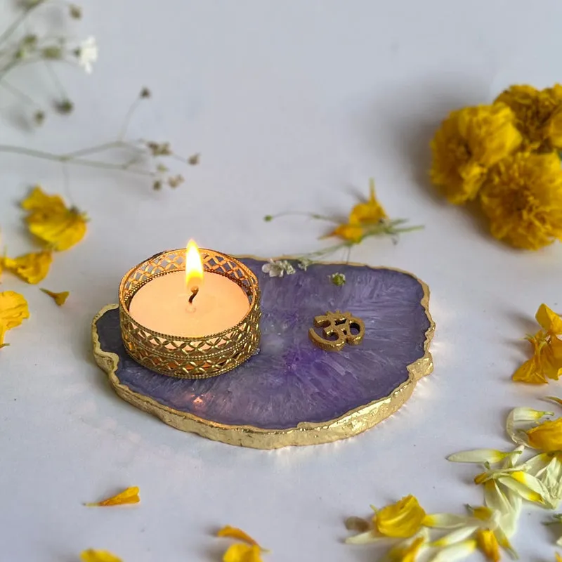 Om Handcrafted Agate Tealight Candle Holder - Purple media 4