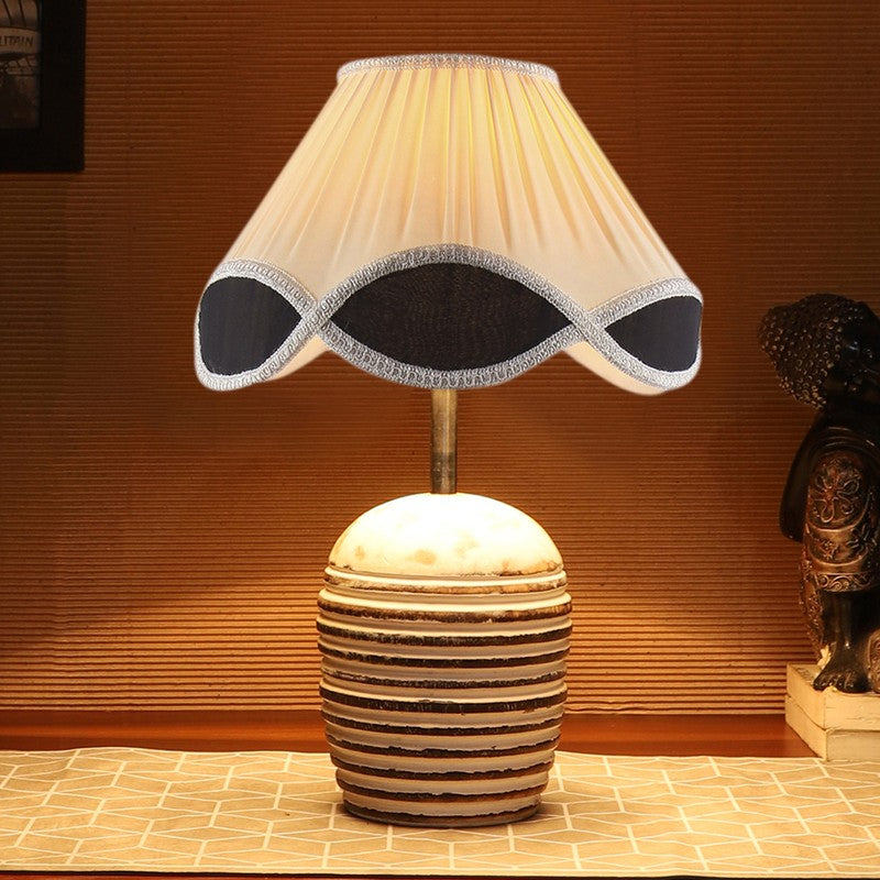 Skylexa Cotton Table Lamp With Wooden Base - White