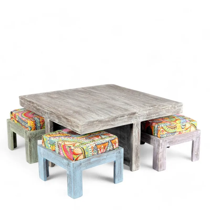 Fervon Sheesham Wooden Center Table with Stools and Cushions (Multicolor) - Nine Piece Set media 6