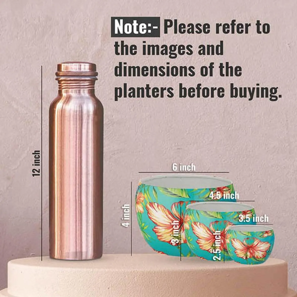 Three hibiscus planters shown side by side with a bottle for size reference