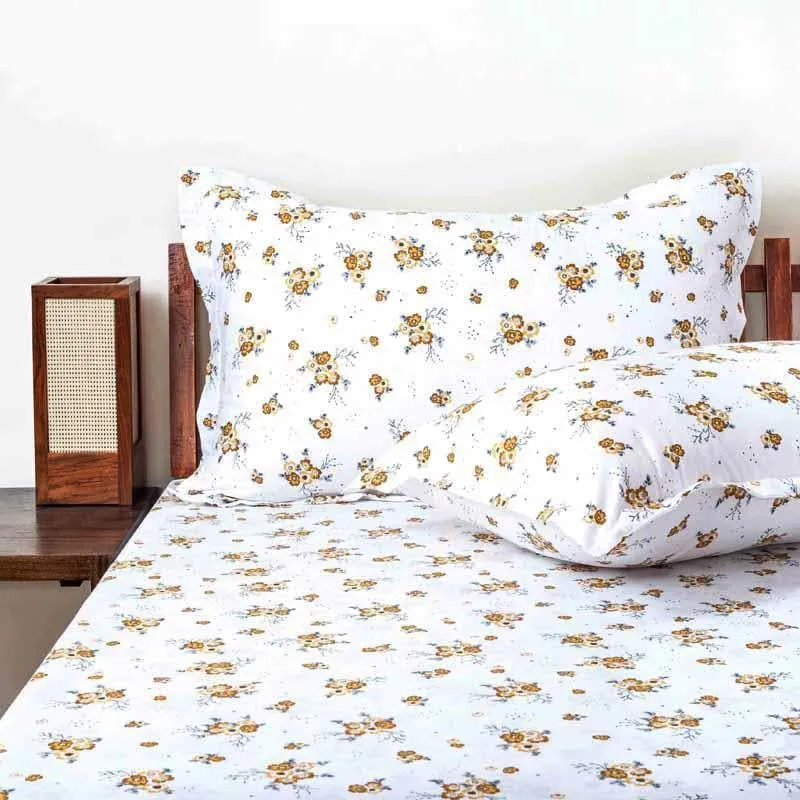 Scattered Blooms Cotton Bedsheet (Mustard) - 180 TC media 4