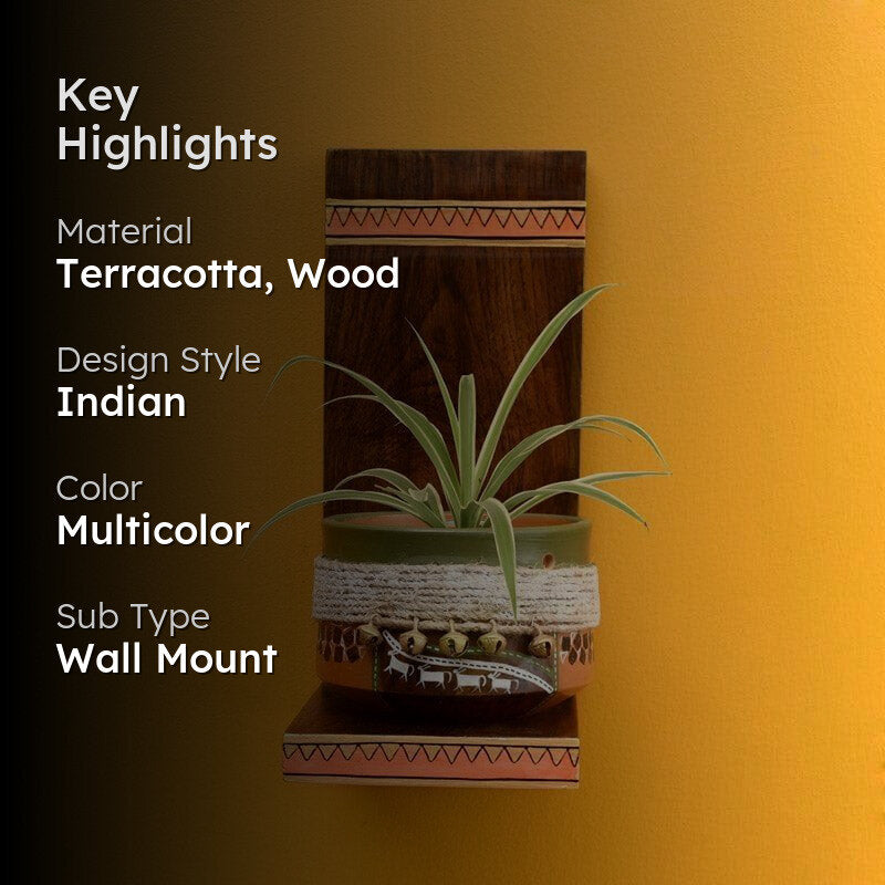 Moya Wall Shelf With Wooden Earthen Planter - Set Of Two media 2