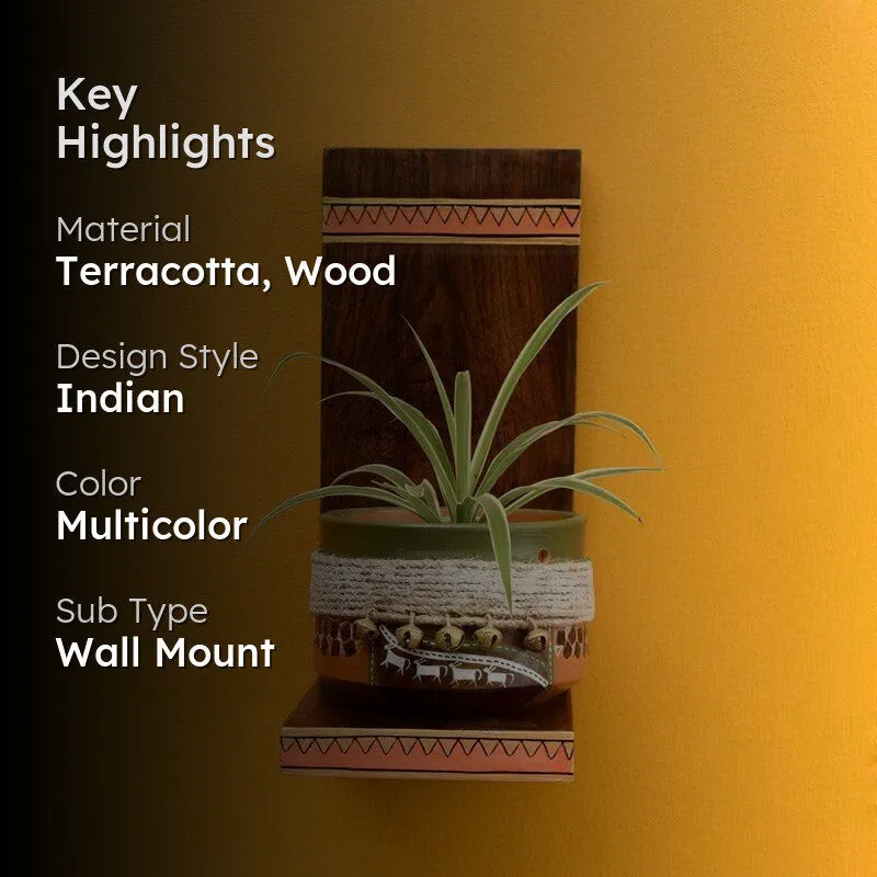 Moya Wall Shelf With Wooden Earthen Planter - Set Of Two media 2
