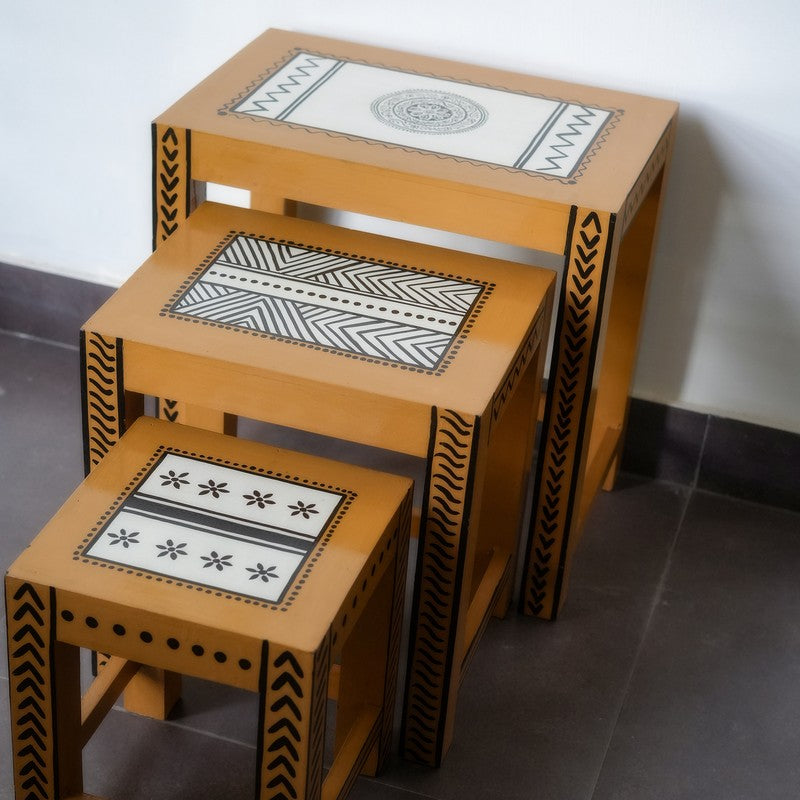 Nirva Hand Painted Mango Wood Stool - Set Of Three media 3
