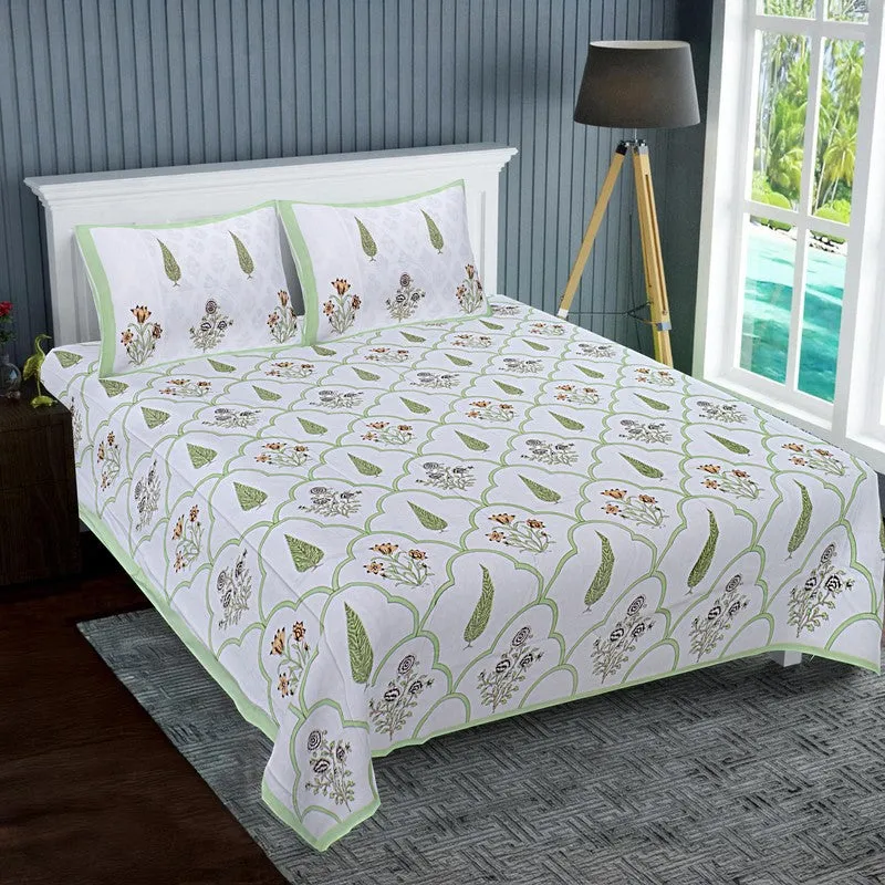 RiwaayatWhite Handblock Printed Cotton Bedsheet (Green) - 400 TC media 1