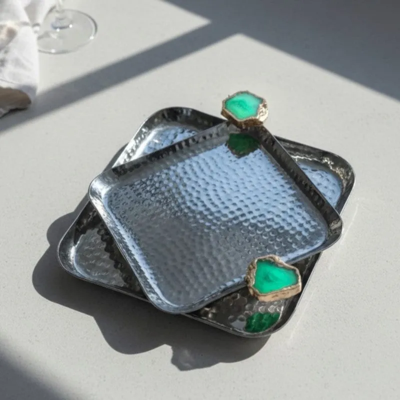 Aurora Edge Hammered (Metal,Agate) Platter (Silver/Blue) - Set of Two media 7