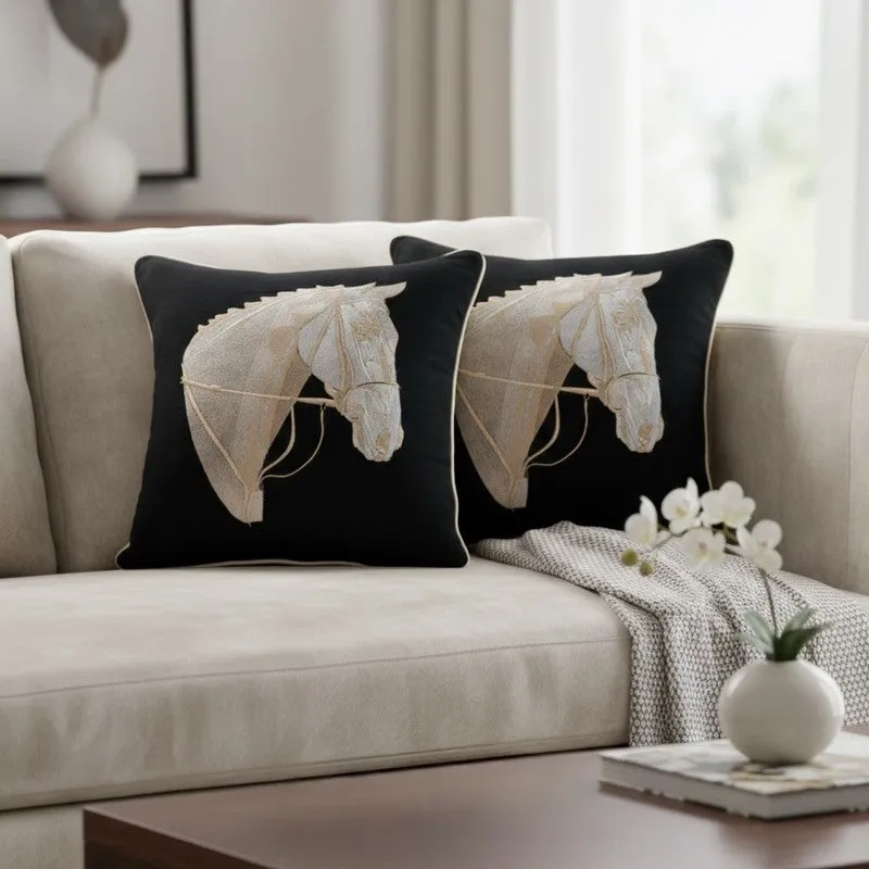 Equine Embroidered Cushion cover (Black) - Set Of Two media 1