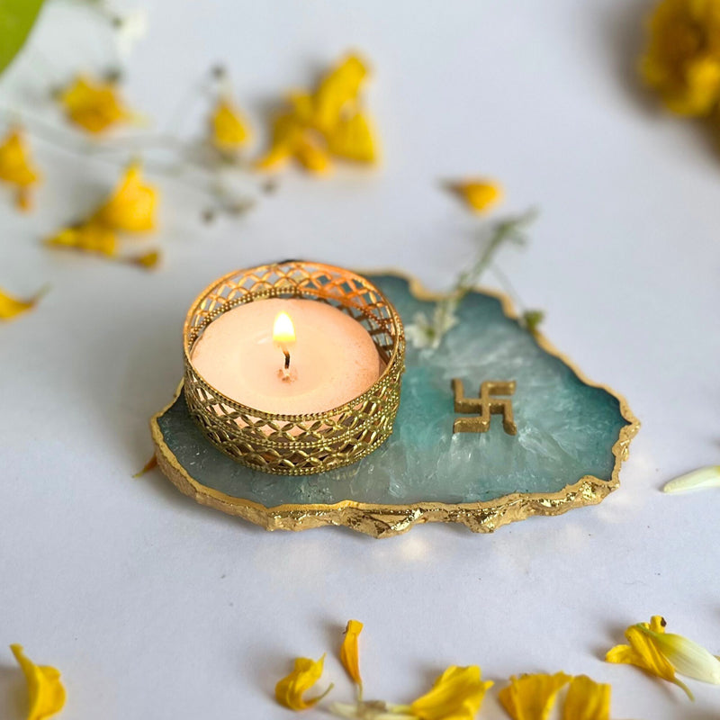 Swastik Handcrafted Agate Tealight Candle Holder - Green media 4