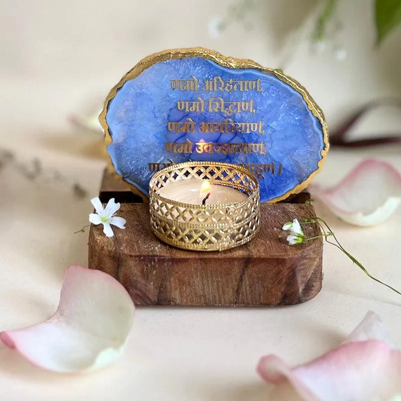 Namokar Mantra Agate Religious Accent With Tea Light Holder - Blue media 3