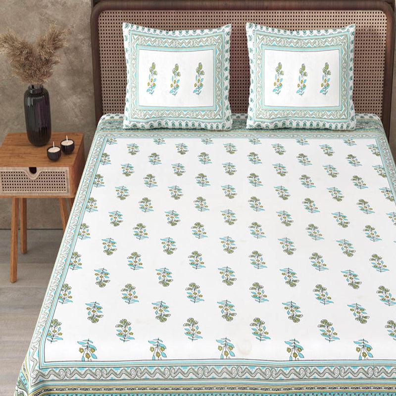 Vira Ethnic Cotton Bedsheet (White,Green) - 180 TC media 4