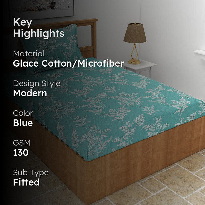 Cotinus Floral Fitted Microfiber Bedsheet (Aqua Green) - 130 GSM media 2