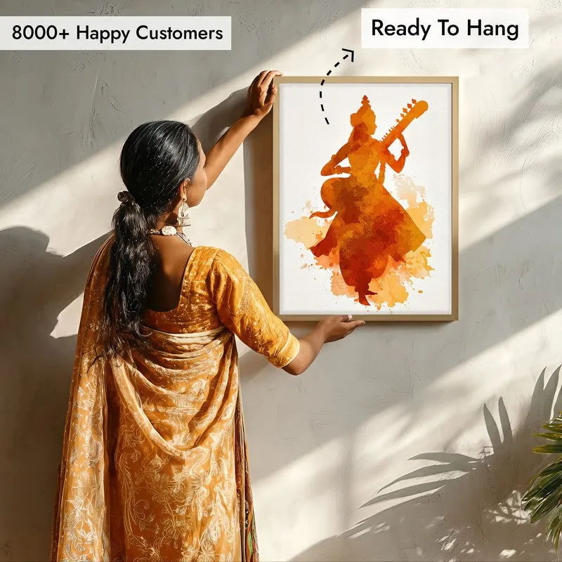 Sri Saraswati Devi Playing Veena Archival Paper Wall Art - Natural Brown Frame media 7