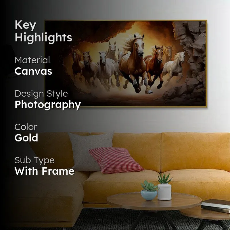 Sunlit Stallions Canvas Wall Painting With Frame - Gold media 2