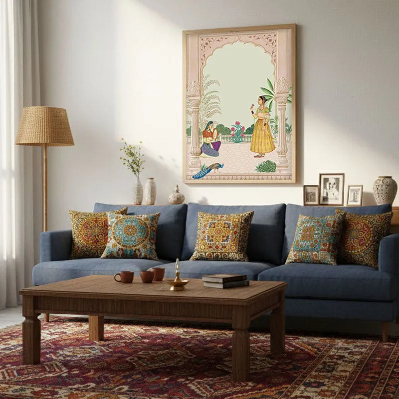 Graceful Sultana Framed Mughal Canvas Archival Canvas Wall Painting - Natural Brown Frame media 4