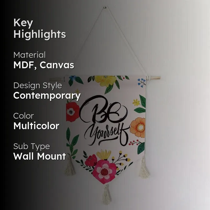 Canvas wall hanging with floral design and key highlights overlay