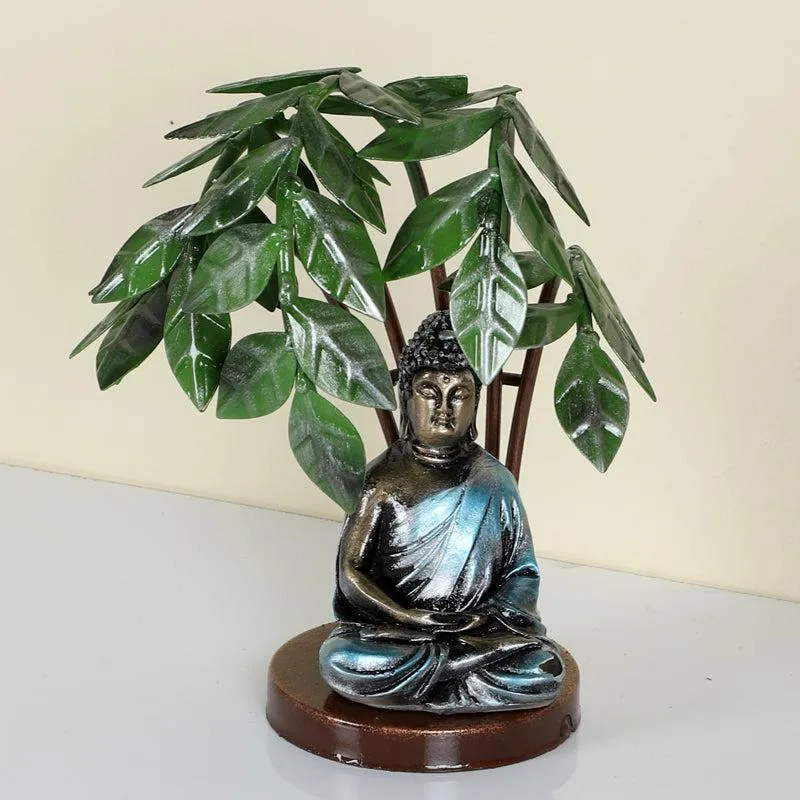 Front view of Buddha and Bodhi tree iron showpiece