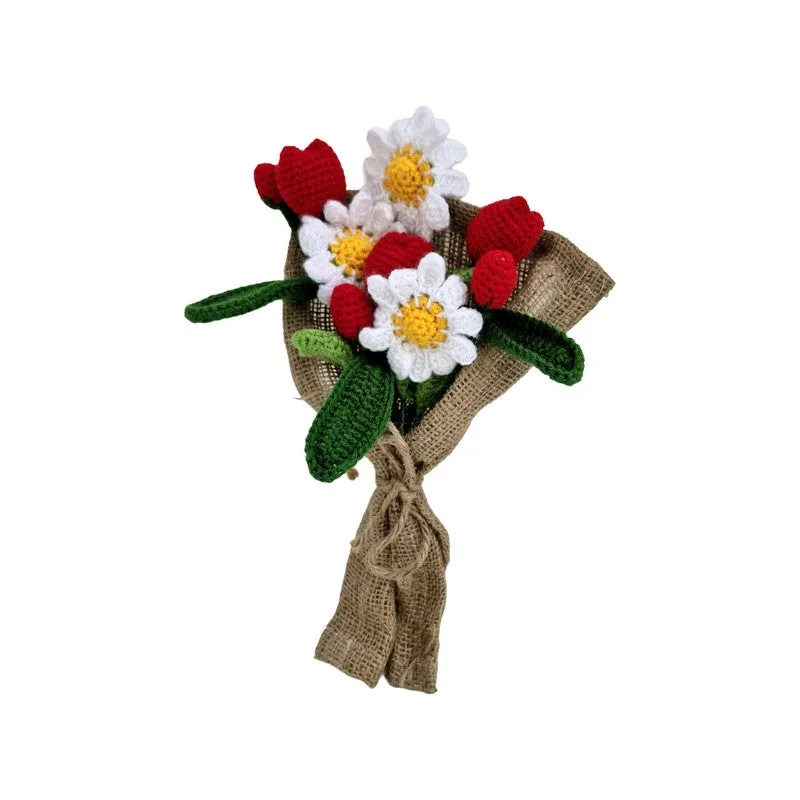 Crochet Handmade Rose & Tulip Bouquet (Red,White) - Set Of Nine media 3