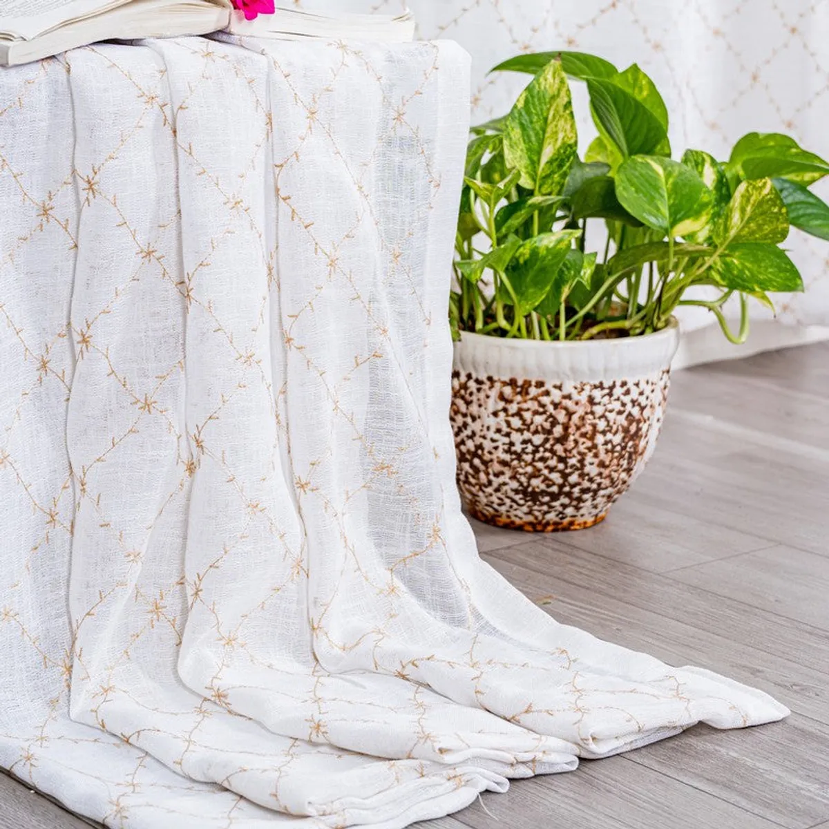 White and gold embroidered curtain draped beside a potted plant and chair.