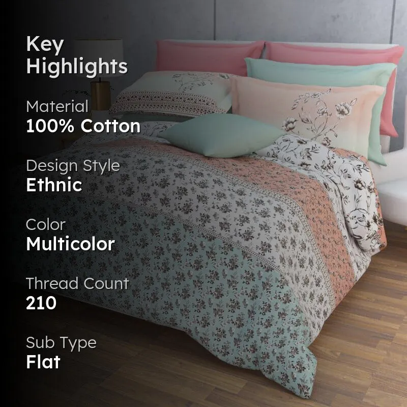 Nesa Flora Stripe - Green & Peach Cotton Bedsheet - 210 TC media 2