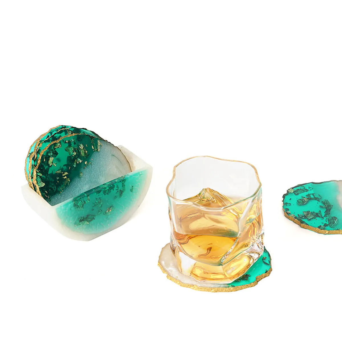 Resin coaster stand with a glass placed on one coaster against a white background