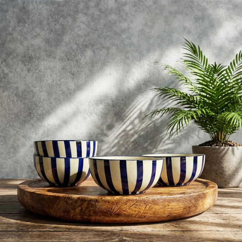 Crafted Ceramic Snack Bowls (Blue,White, 200 mL Each) - Set Of Four media 3
