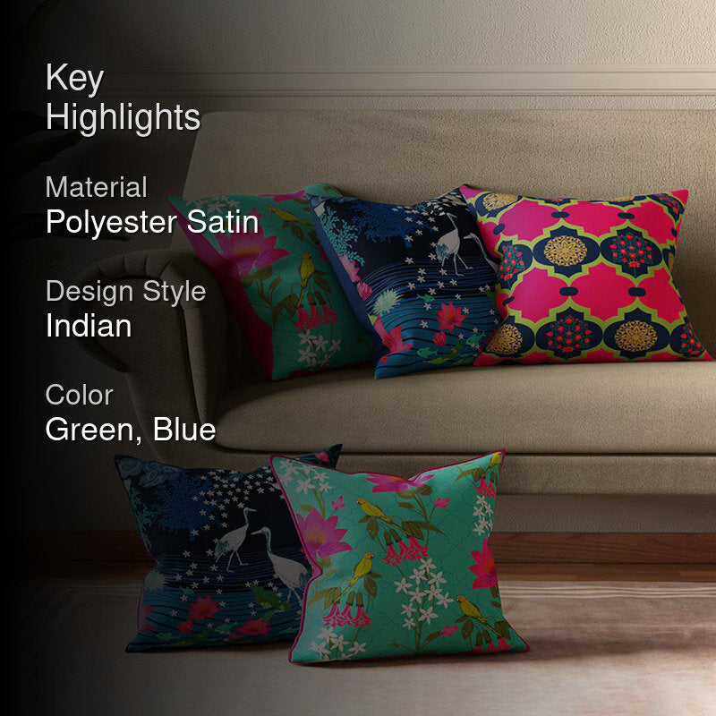 India Circus Sakura Stork Printed Satin Cushion Cover - Set Of Five media 2