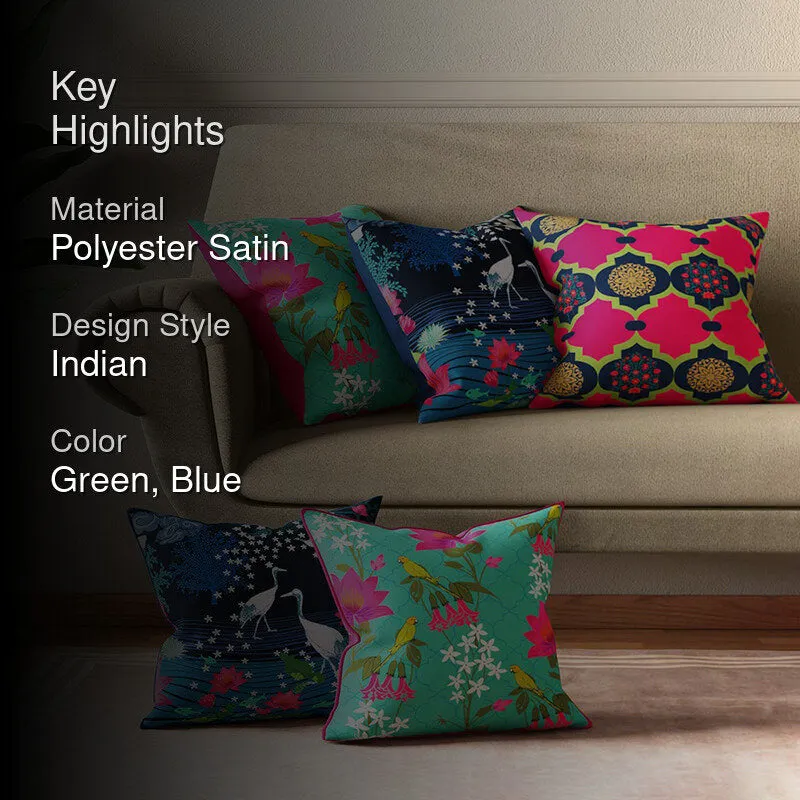 India Circus Sakura Stork Printed Satin Cushion Cover - Set Of Five media 2