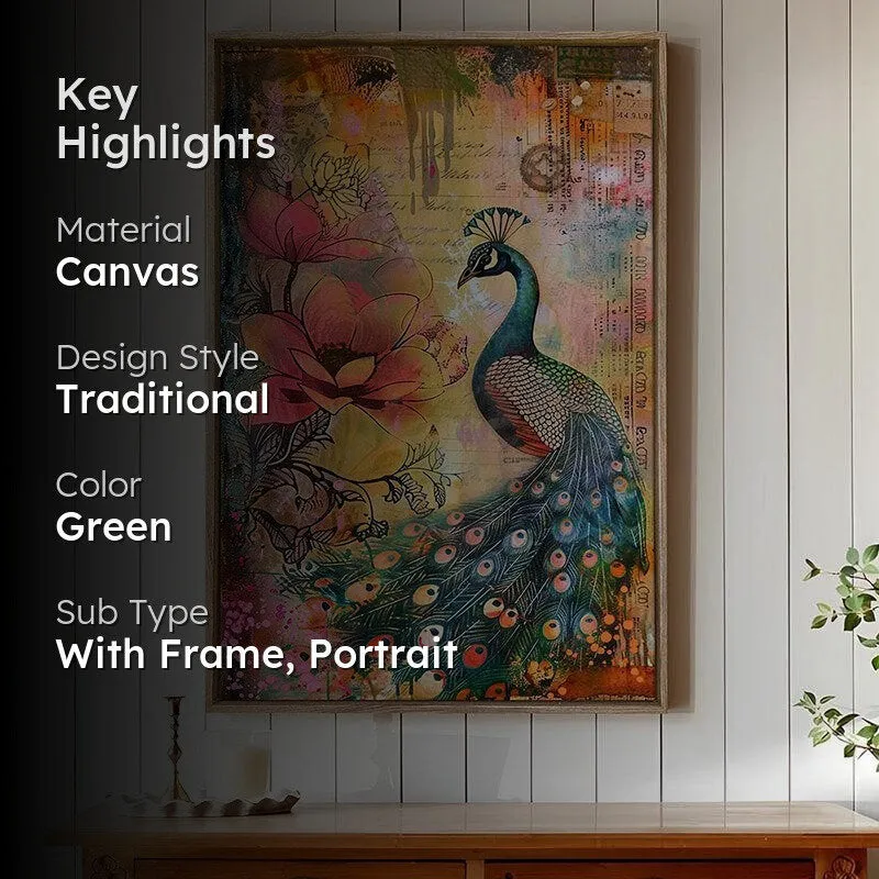 Peacock & Petals Canvas Traditional Wall Art With Frame - 2