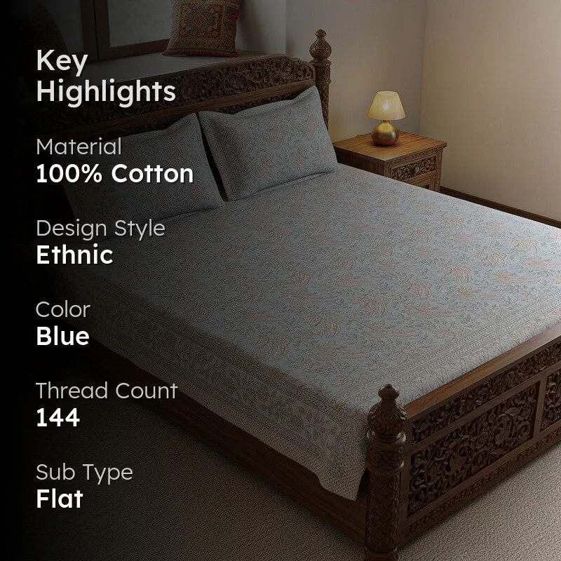 Irava Floral Cotton Bedsheet (Blue) - 144 TC media 2