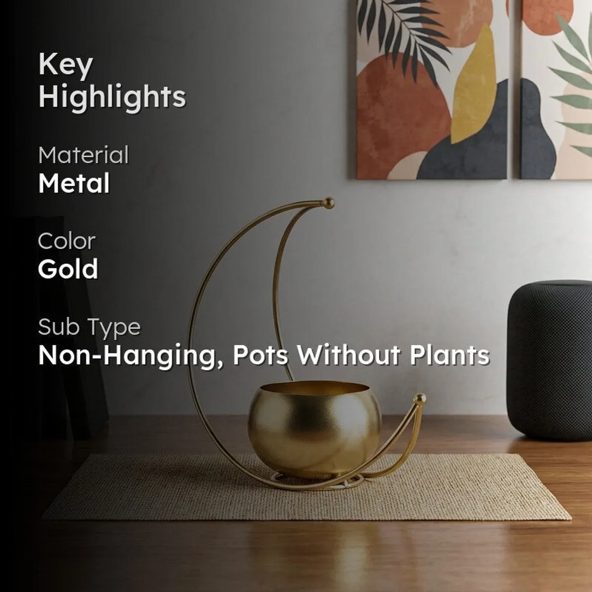 Gold metal planter with key highlights graphic overlay