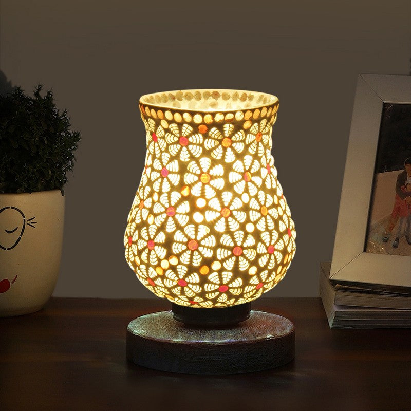 Glintera Mosaic Glass Table Lamp With Wooden Base - Multicolor