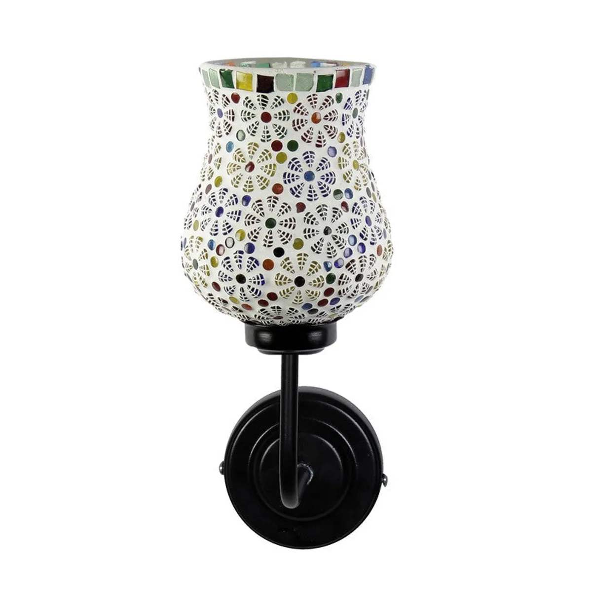 Front view of white mosaic glass wall lamp with black iron base