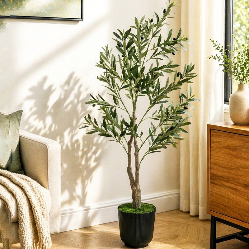 152 cm (5 ft) Olive Artificial Plant With Black Plastic Pot