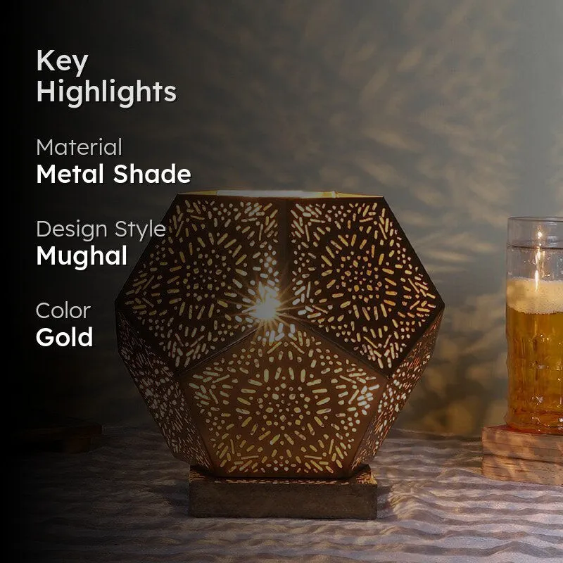 Hexa Flora Etched Metal Table Lamp With Wooden Base - Gold media 2