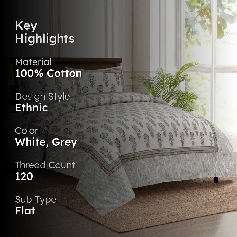Flower Garden Cotton Bedsheet (Grey) - 120 TC media 2