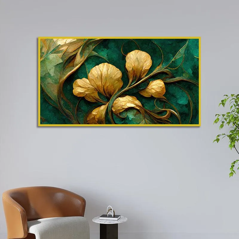 Emeral & Gold Floral Canvas Wall Painting With Frame - Gold media 5