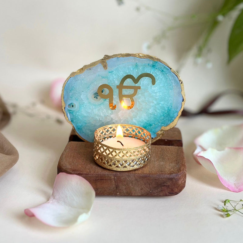 Ik Onkar Handcrafted Agate Religious Accent With Tealight Candle Holder - Green